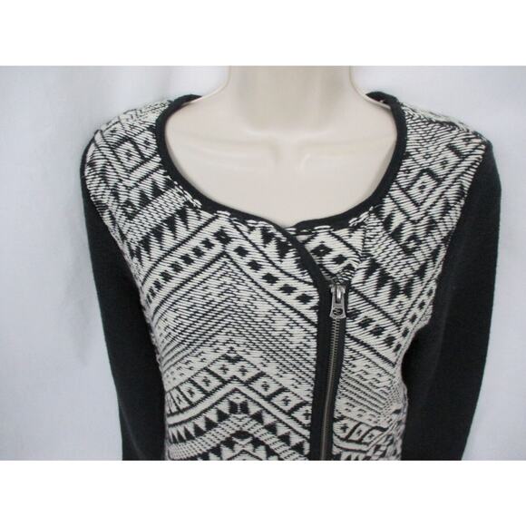 Lucky Brand Cardigan Sweater Womens Medium Aztec Southwestern Black White Zip Up - Picture 3 of 15